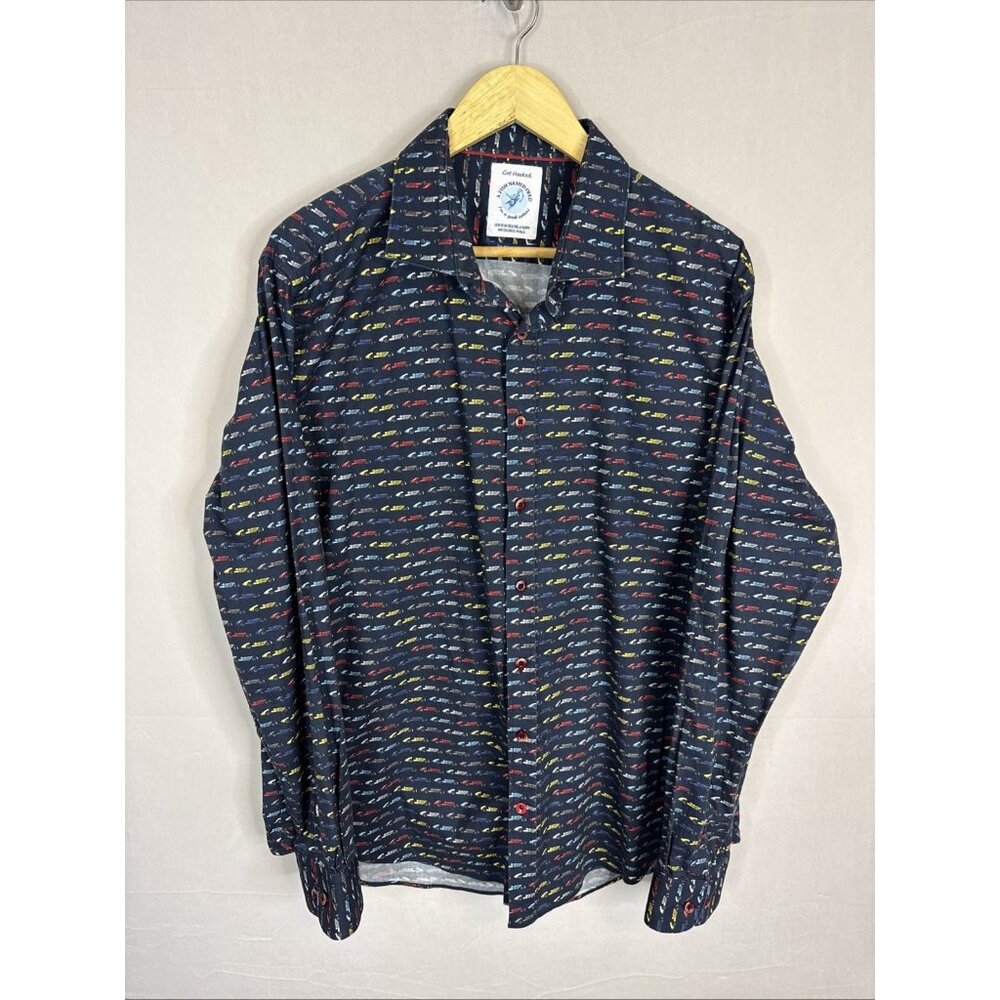 A Fish Named Fred Got Hooked Shirt XL Navy Car Print Button Up Stretch